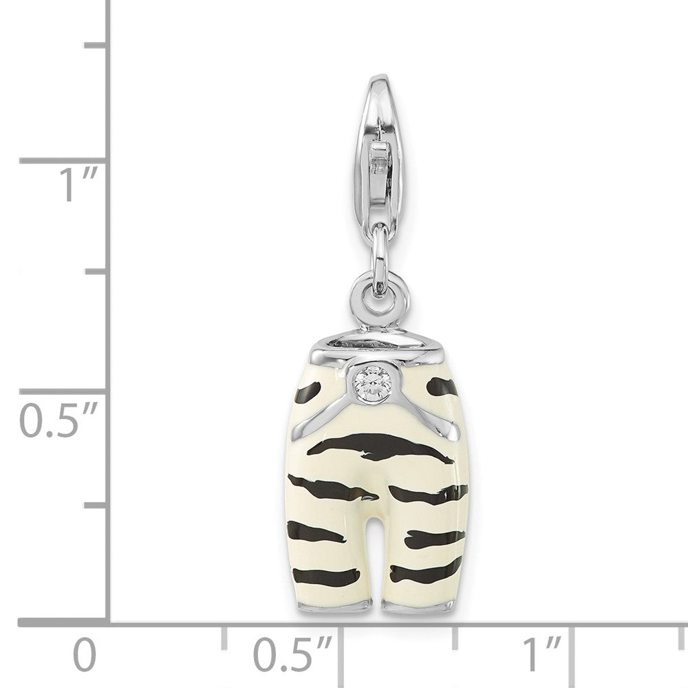 Sterling Silver Polished 3-D CZ & Black/White Enamel Zebra Pants w/ Lobster Clasp Charm