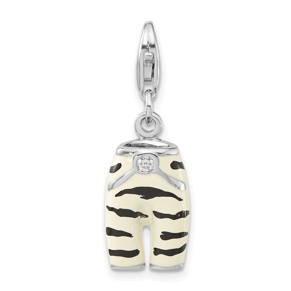 Sterling Silver Polished 3-D CZ & Black/White Enamel Zebra Pants w/ Lobster Clasp Charm