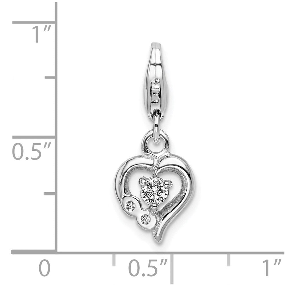 Amore La Vita Sterling Silver Rhodium-plated Polished CZ Heart Charm with Fancy Lobster Clasp