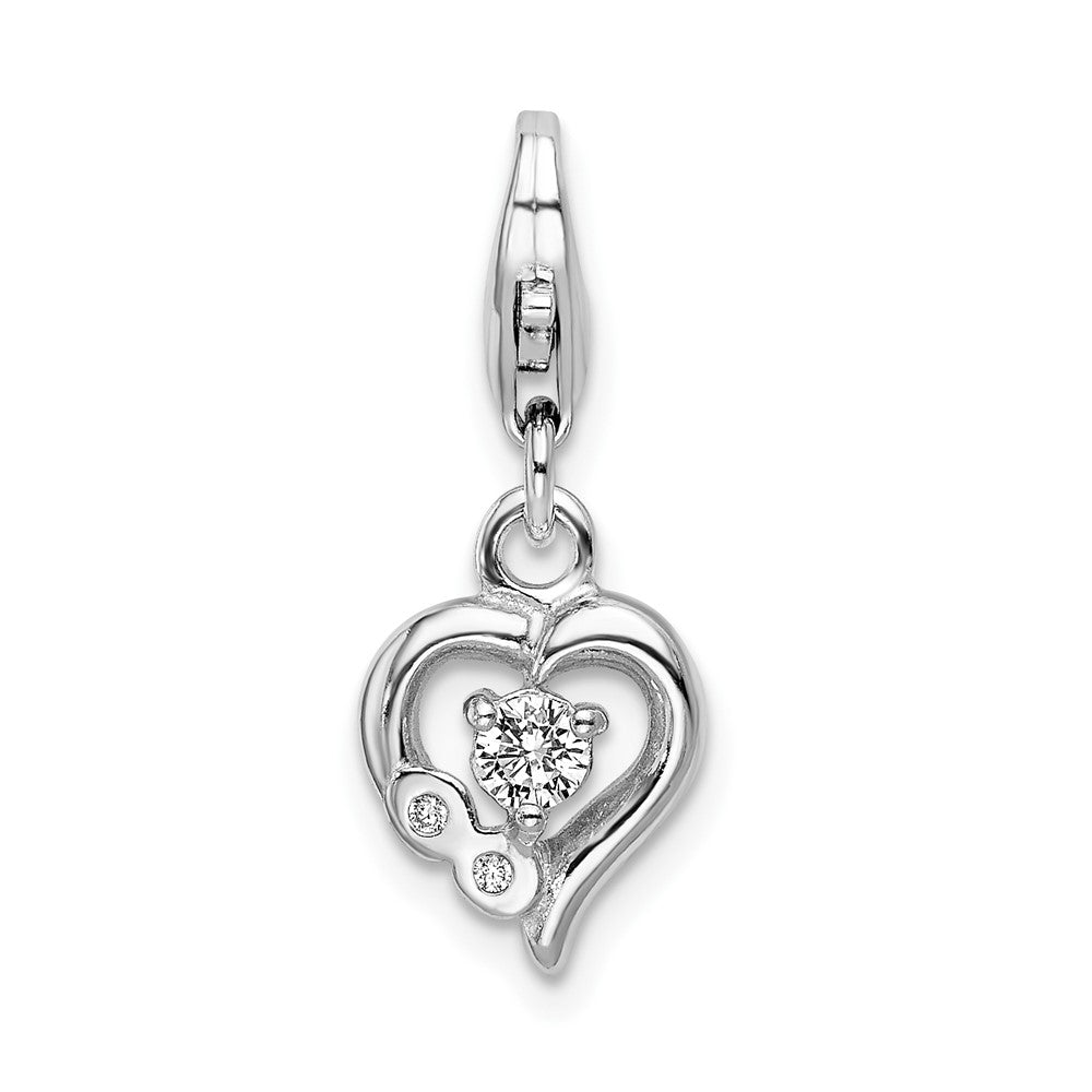 Amore La Vita Sterling Silver Rhodium-plated Polished CZ Heart Charm with Fancy Lobster Clasp