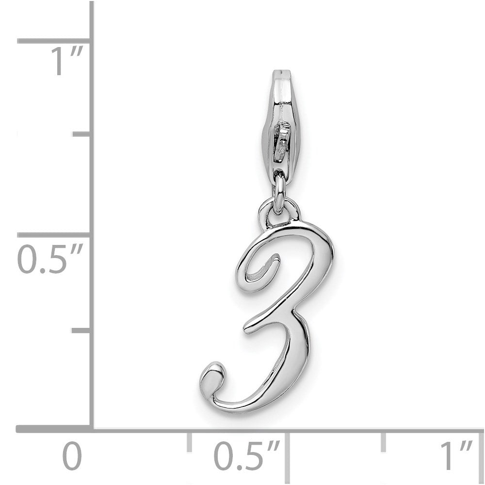 Amore La Vita Sterling Silver Rhodium-plated Polished Number 3 Charm with Fancy Lobster Clasp