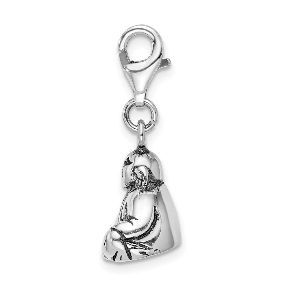 Amore La Vita Sterling Silver Rhodium-plated Polished 3-D Antiqued Buddha Charm with Fancy Lobster Clasp