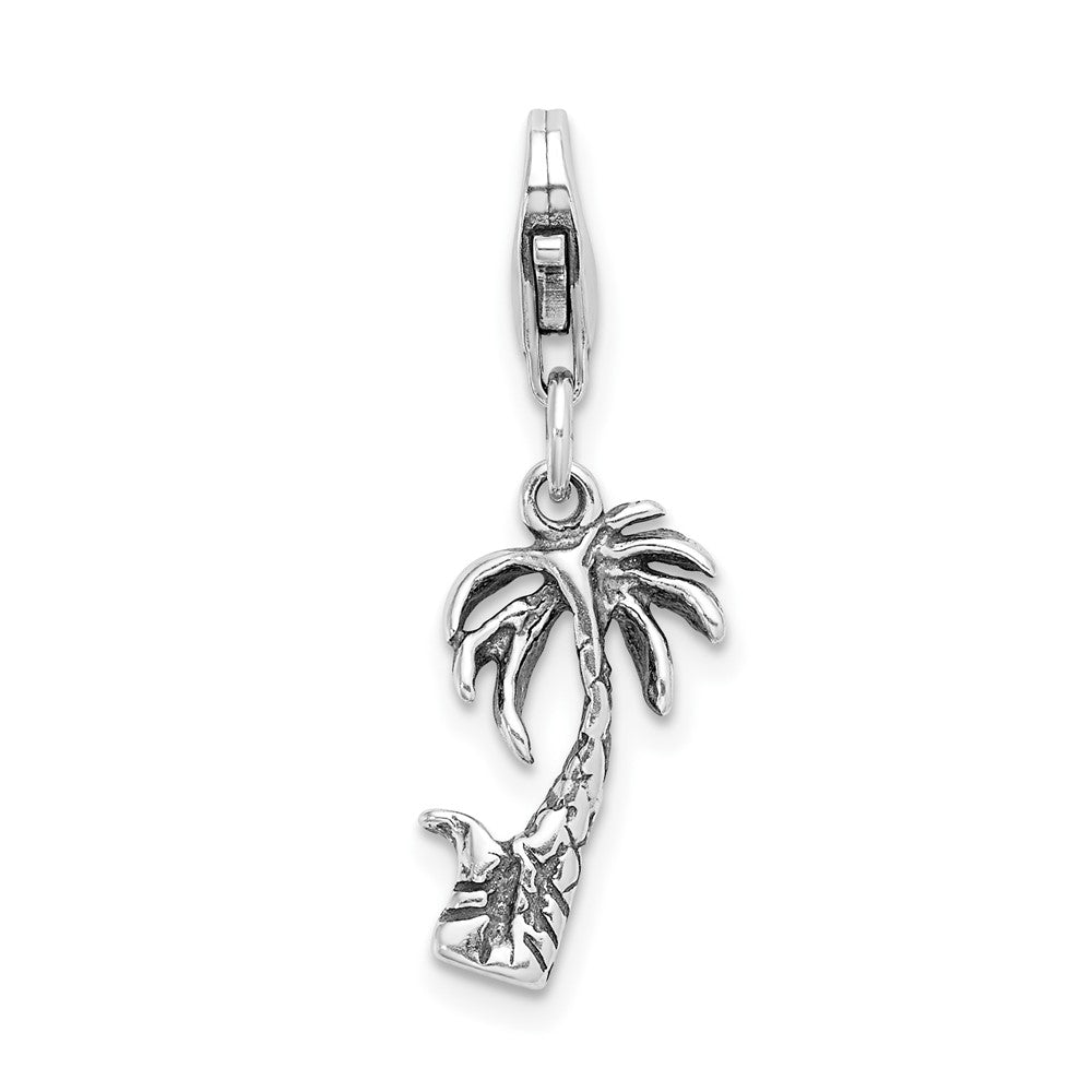 Amore La Vita Sterling Silver Rhodium-plated Polished 3-D Antiqued Palm Tree Charm with Fancy Lobster Clasp