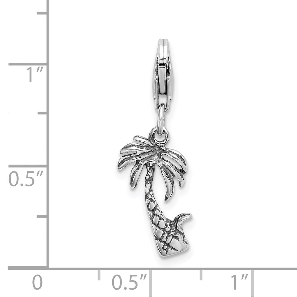 Amore La Vita Sterling Silver Rhodium-plated Polished 3-D Antiqued Palm Tree Charm with Fancy Lobster Clasp