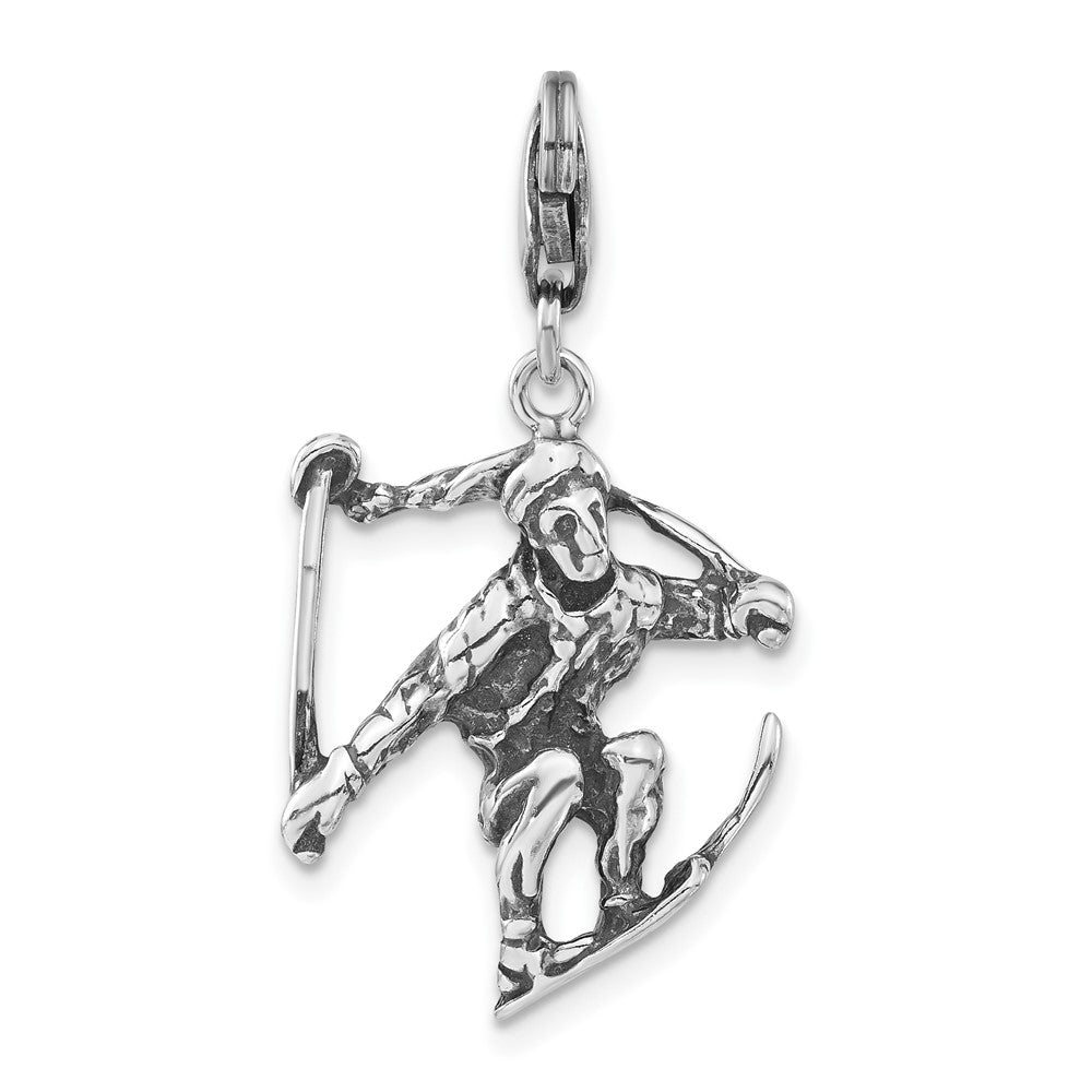 Sterling Silver 3-D Polished & Antiqued Skier w/Lobster Clasp Charm