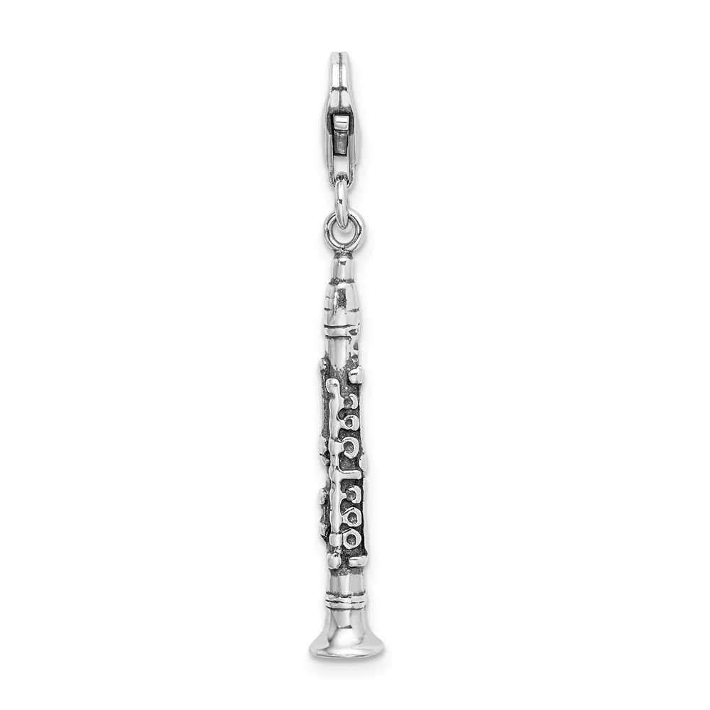 Amore La Vita Sterling Silver Rhodium-plated Polished 3-D Antiqued Clarinet Charm with Fancy Lobster Clasp