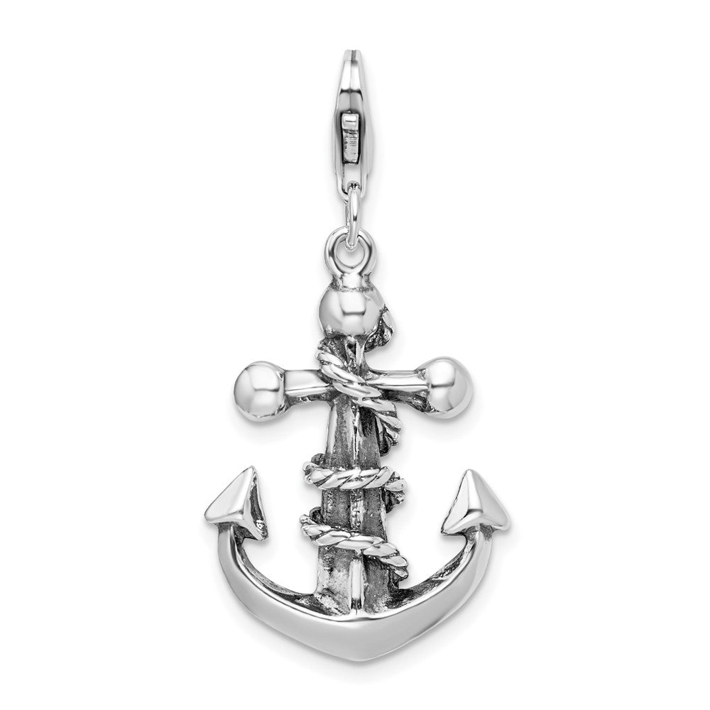 Amore La Vita Sterling Silver Rhodium-plated Polished 3-D Antiqued Anchor and Rope Charm with Fancy Lobster Clasp