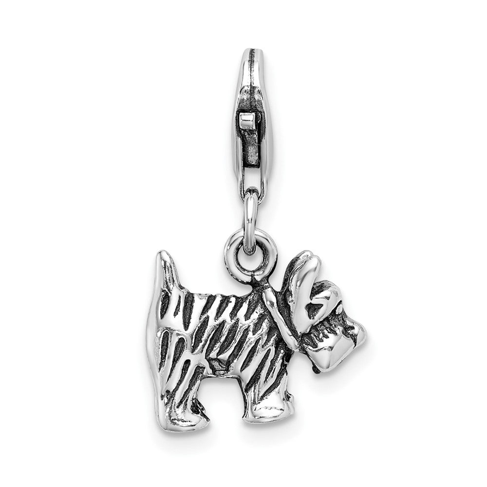 Amore La Vita Sterling Silver Rhodium-plated Polished 3-D Antiqued Scottie Dog Charm with Fancy Lobster Clasp