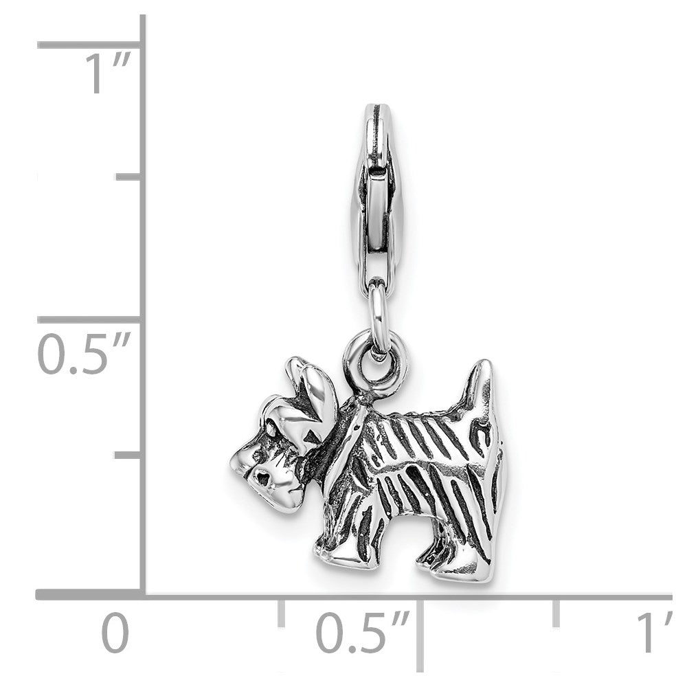 Amore La Vita Sterling Silver Rhodium-plated Polished 3-D Antiqued Scottie Dog Charm with Fancy Lobster Clasp