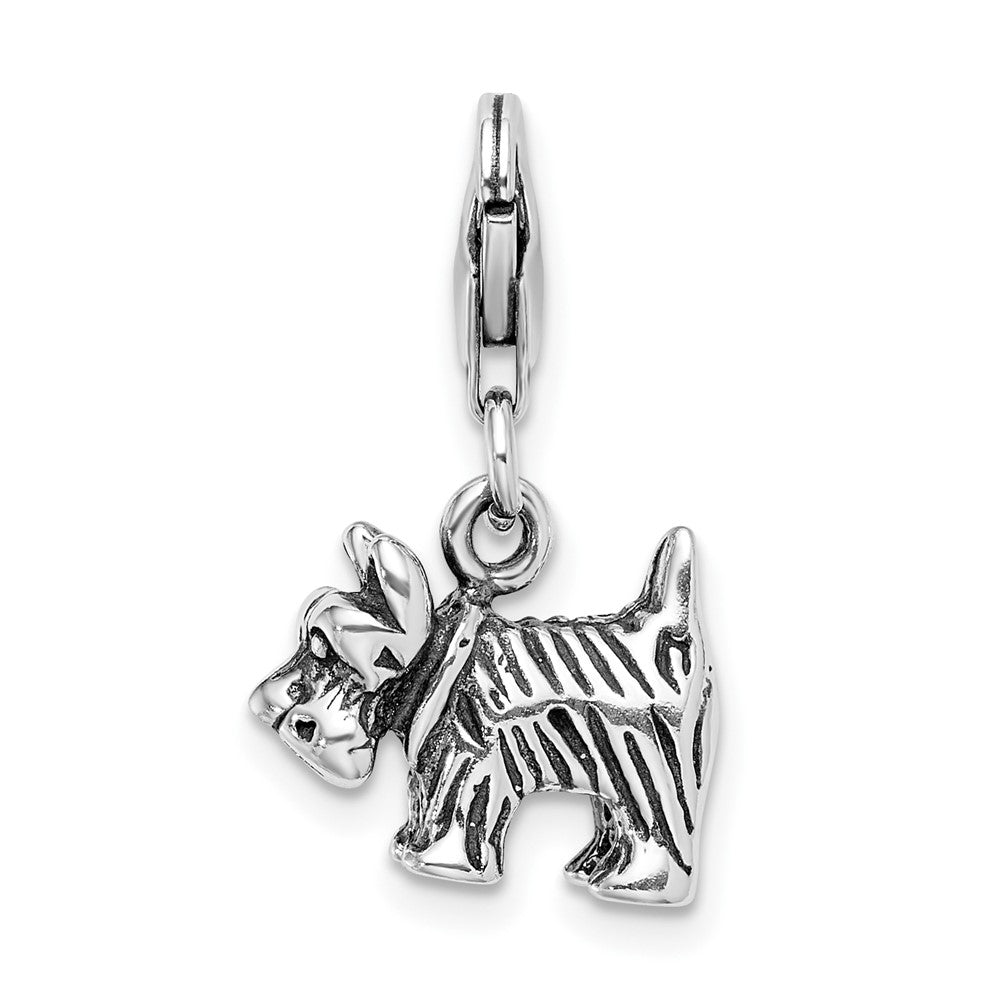 Amore La Vita Sterling Silver Rhodium-plated Polished 3-D Antiqued Scottie Dog Charm with Fancy Lobster Clasp