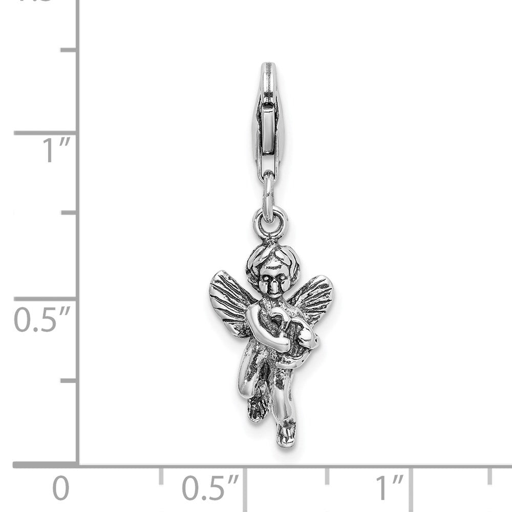 Amore La Vita Sterling Silver Rhodium-plated Polished 3-D Antiqued Angel with Harp Charm with Fancy Lobster Clasp