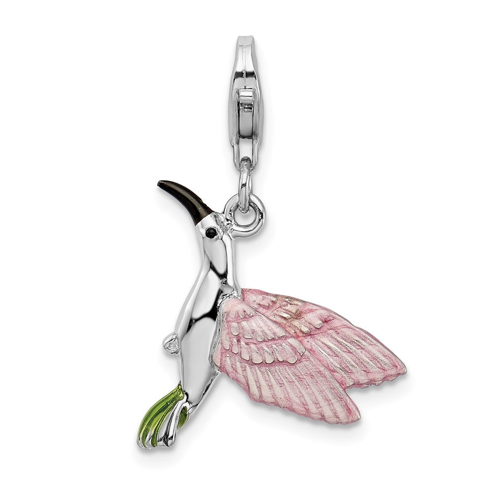 Amore La Vita Sterling Silver Rhodium-plated Polished 3-D Enameled Hummingbird Charm with Fancy Lobster Clasp