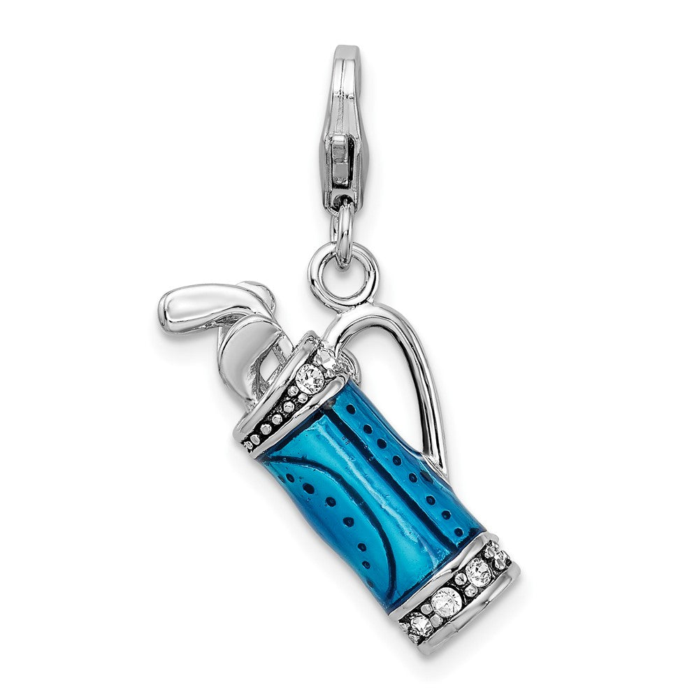 Amore La Vita Sterling Silver Rhodium-plated Polished 3-D Enameled Golf Bag and Clubs Charm with Fancy Lobster Clasp