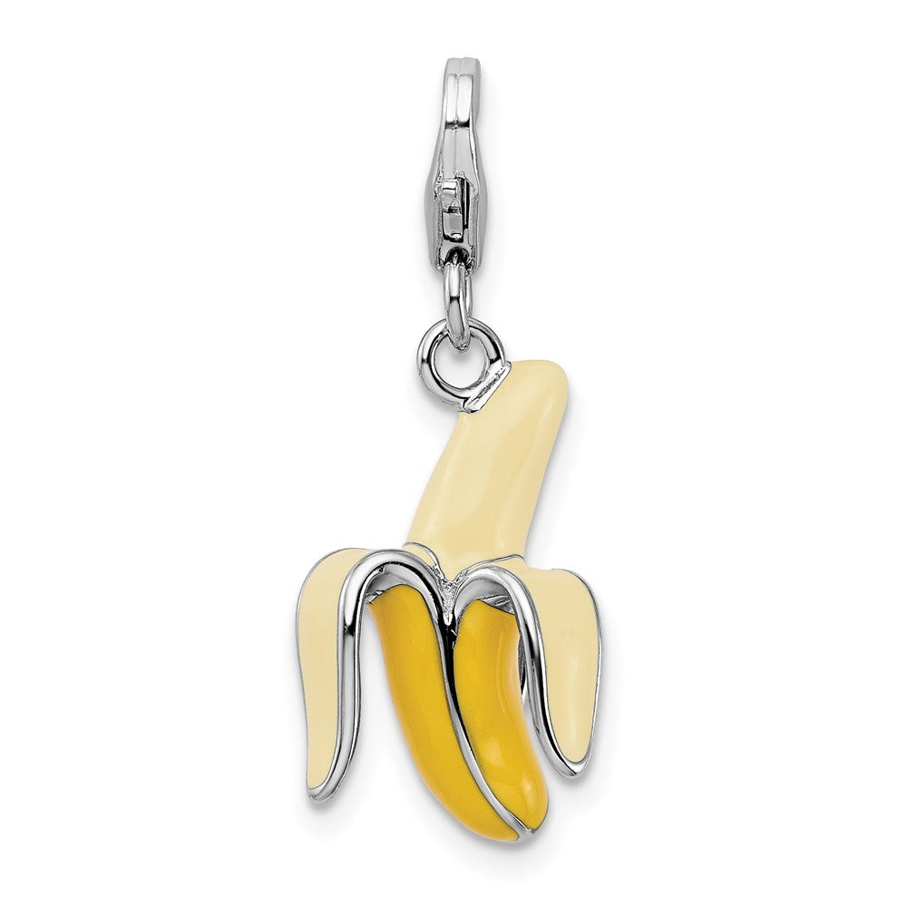 Amore La Vita Sterling Silver Rhodium-plated Polished 3-D Enameled Peeled Banana Charm with Fancy Lobster Clasp