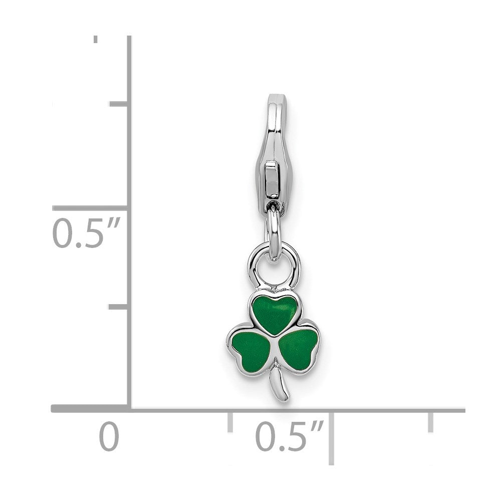 Amore La Vita Sterling Silver Rhodium-plated Polished 3-D Green Enameled Clover Charm with Fancy Lobster Clasp