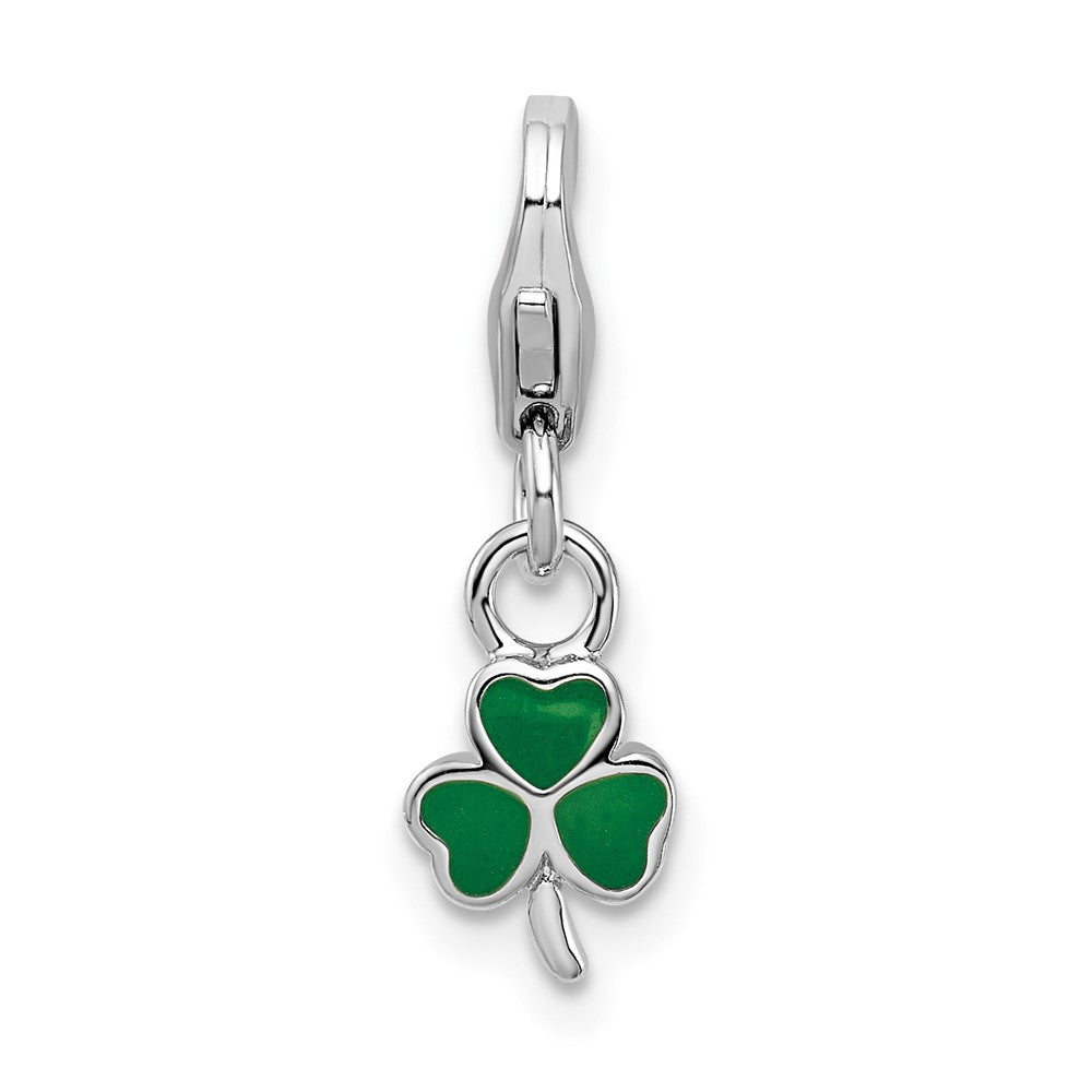 Amore La Vita Sterling Silver Rhodium-plated Polished 3-D Green Enameled Clover Charm with Fancy Lobster Clasp