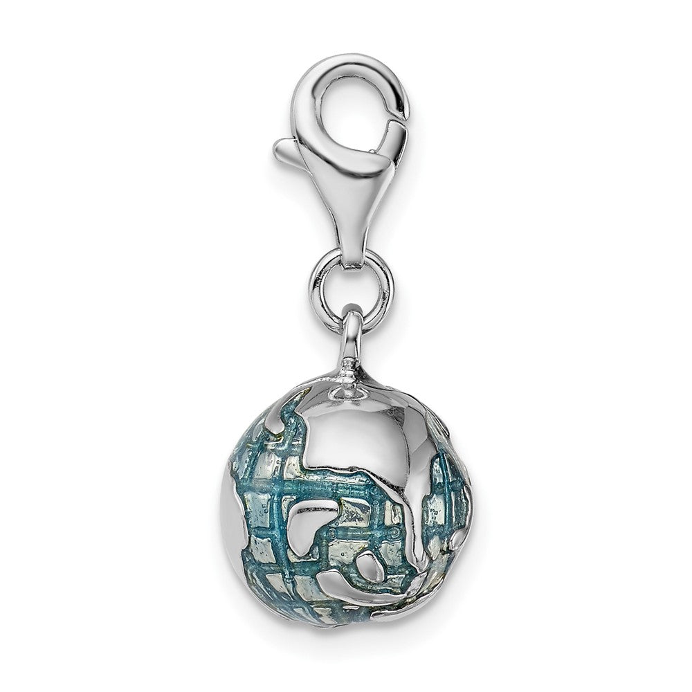 Amore La Vita Sterling Silver Rhodium-plated Polished 3-D Enameled World Globe Charm with Fancy Lobster Clasp