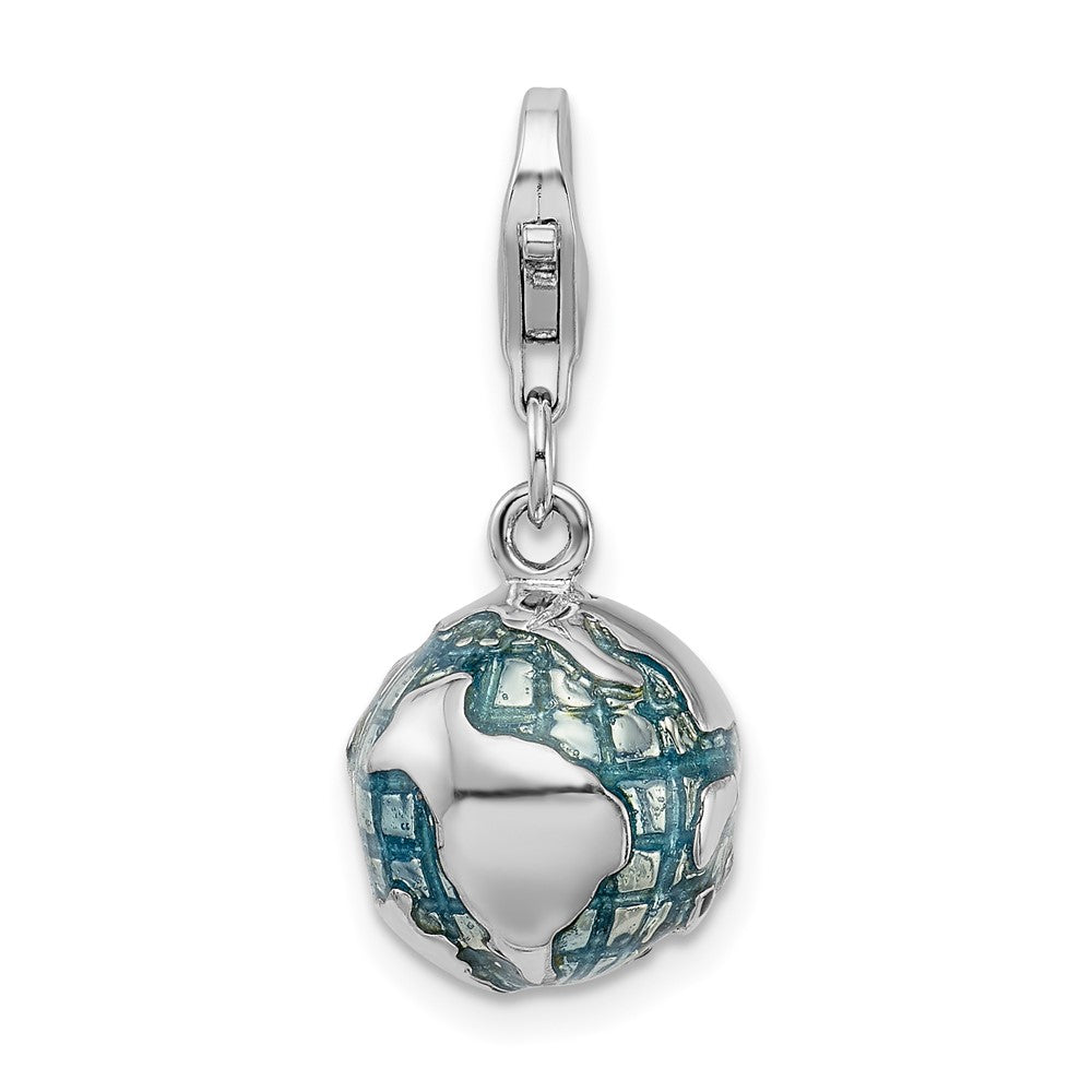 Amore La Vita Sterling Silver Rhodium-plated Polished 3-D Enameled World Globe Charm with Fancy Lobster Clasp