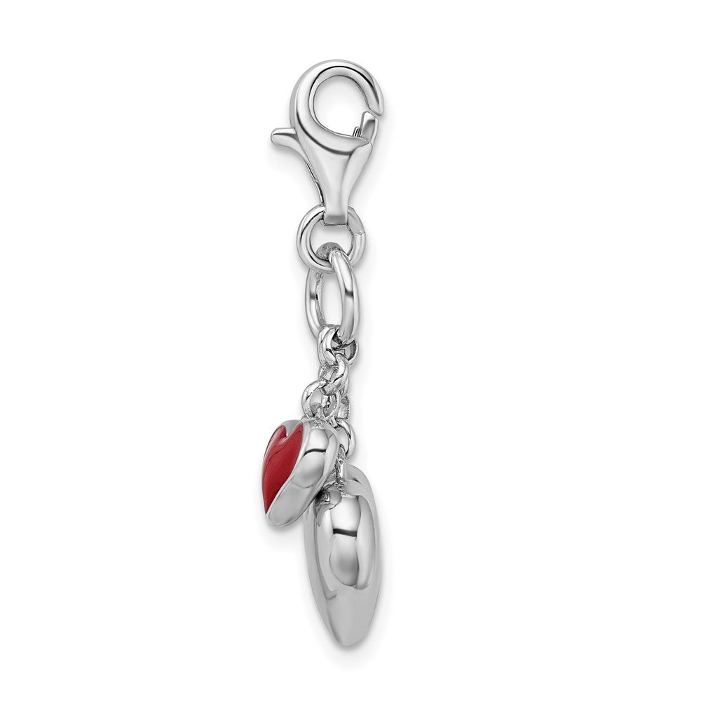 Amore La Vita Sterling Silver Rhodium-plated Polished 3-D Red Enameled Double Heart Charm with Fancy Lobster Clasp