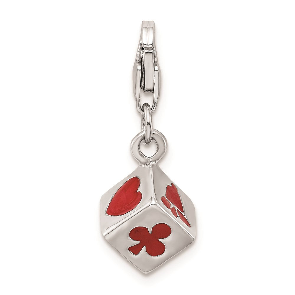 Sterling Silver Rhodium-plated 3-D Enameled Die w/Lobster Clasp Charm