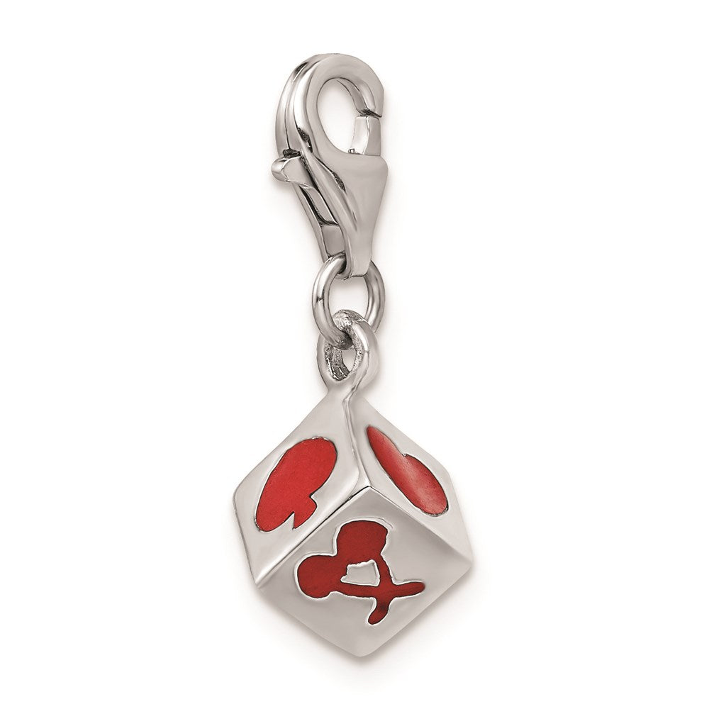 Sterling Silver Rhodium-plated 3-D Enameled Die w/Lobster Clasp Charm