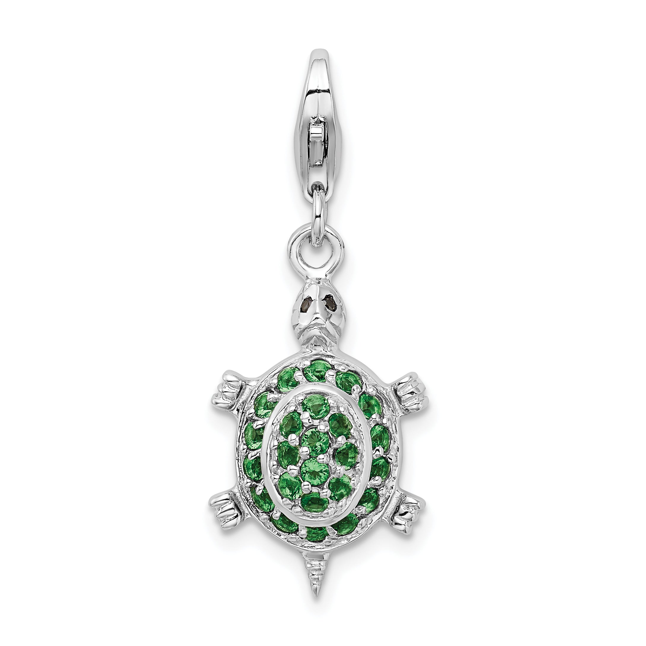 Sterling Silver Rhodium plated CZ Green Turtle w/Lobster Clasp Charm QCC981