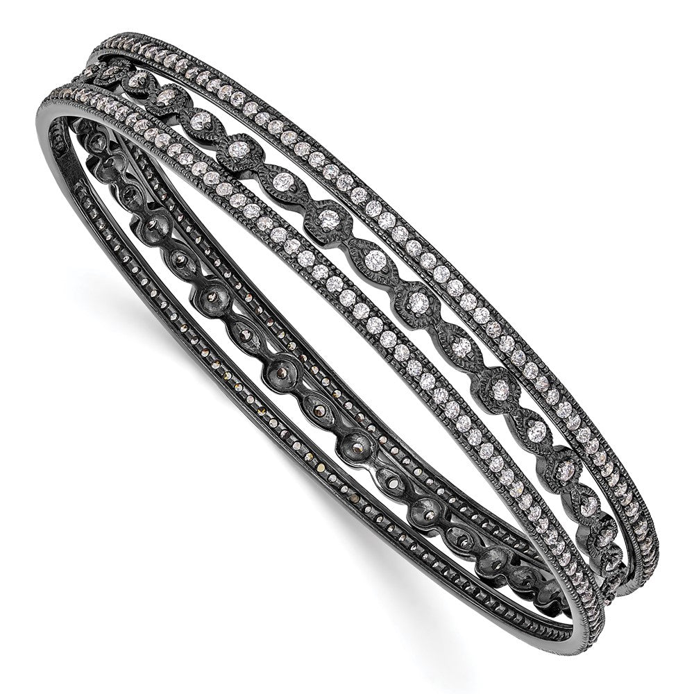 Cheryl M Sterling Silver Black-plated CZ Three Bangle Set