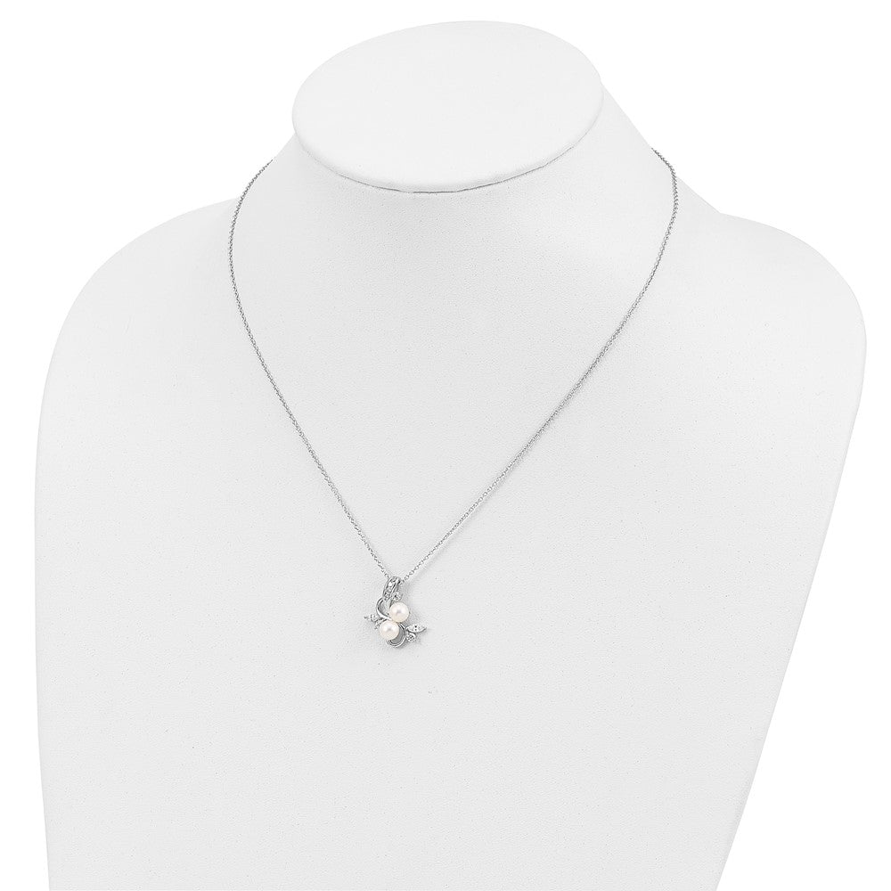 Cheryl M Sterling Silver Rhodium-plated Freshwater Cultured Pearl and Brilliant-cut CZ Leaves 18 Inch Necklace