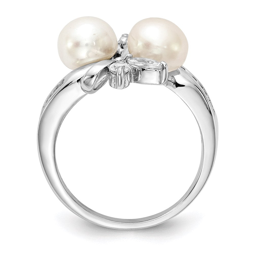 Cheryl M Sterling Silver Rhodium-plated Freshwater Cultured Pearl and Brilliant-cut CZ Leaves Ring