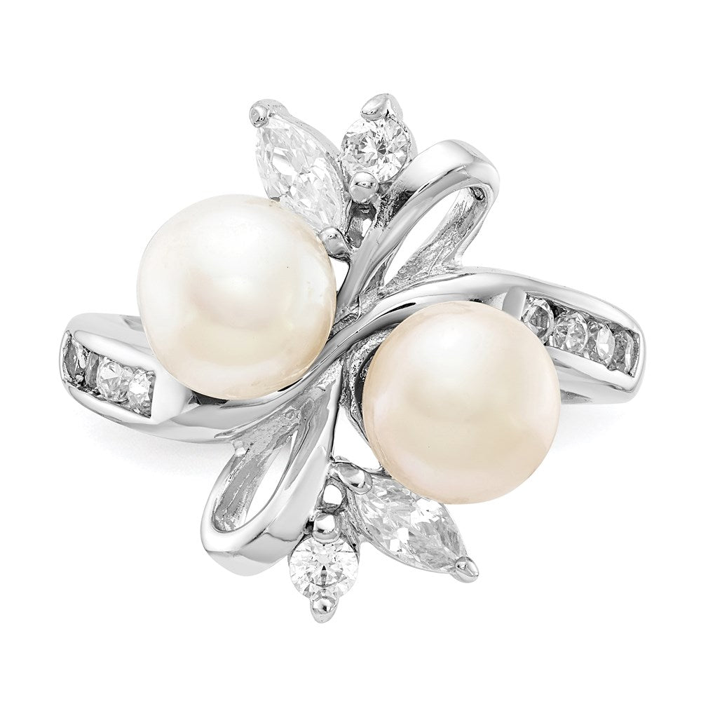 Cheryl M Sterling Silver Rhodium-plated Freshwater Cultured Pearl and Brilliant-cut CZ Leaves Ring