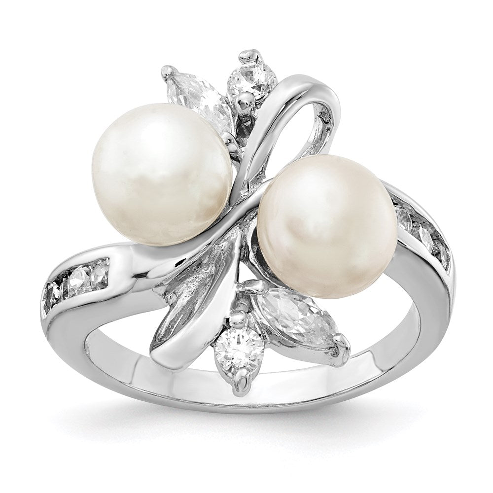 Cheryl M Sterling Silver Rhodium-plated Freshwater Cultured Pearl and Brilliant-cut CZ Leaves Ring