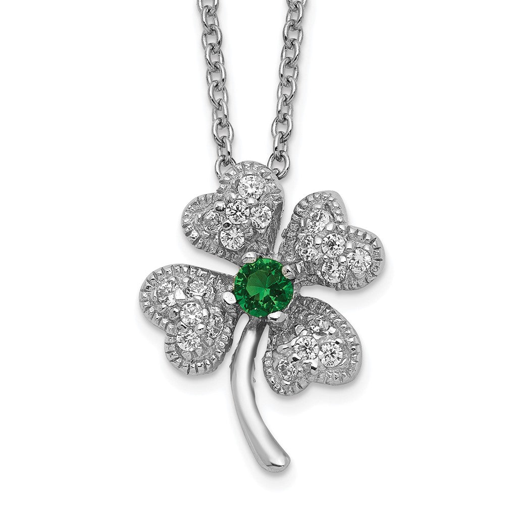 Cheryl M Sterling Silver Rhodium-plated Brilliant-cut Green Glass and Brilliant-cut White CZ Four Leaf Clover 15 Inch Neck...