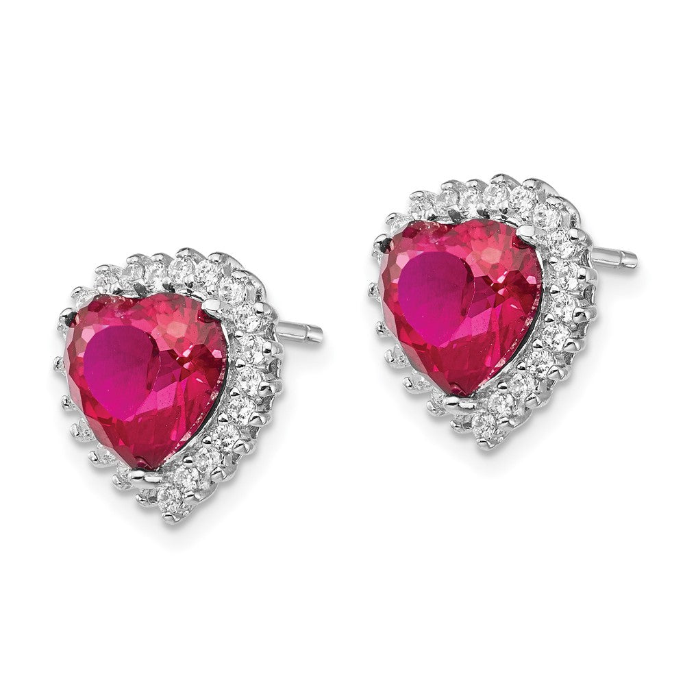 Cheryl M Sterling Silver Rhodium-plated 100 Facet Lab Created Ruby and Brilliant-cut White CZ Heart Halo Post Earrings