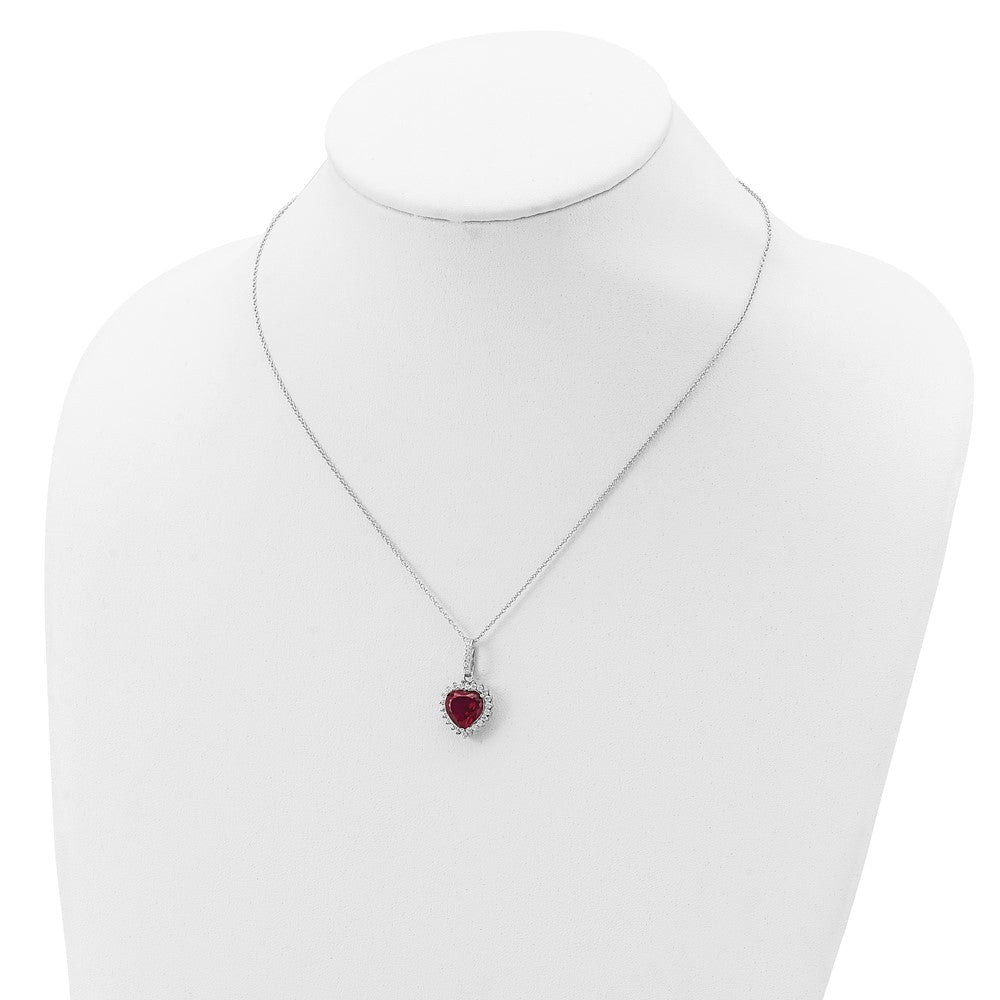 Cheryl M Sterling Silver Rhodium-plated 100 Facet Lab Created Ruby and Brilliant-cut White CZ Heart Halo 18 Inch Necklace