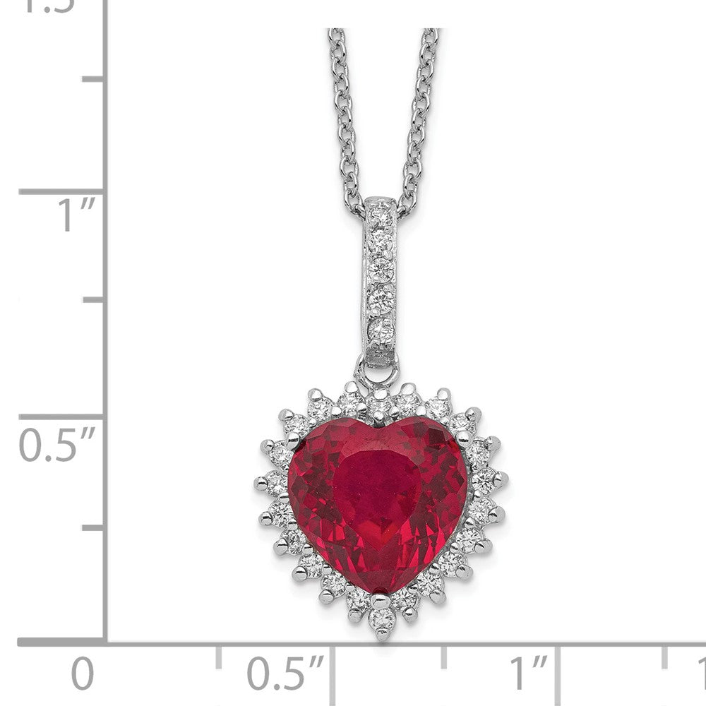 Cheryl M Sterling Silver Rhodium-plated 100 Facet Lab Created Ruby and Brilliant-cut White CZ Heart Halo 18 Inch Necklace