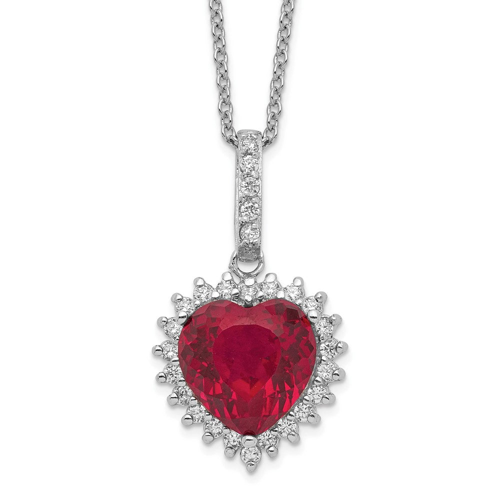 Cheryl M Sterling Silver Rhodium-plated 100 Facet Lab Created Ruby and Brilliant-cut White CZ Heart Halo 18 Inch Necklace