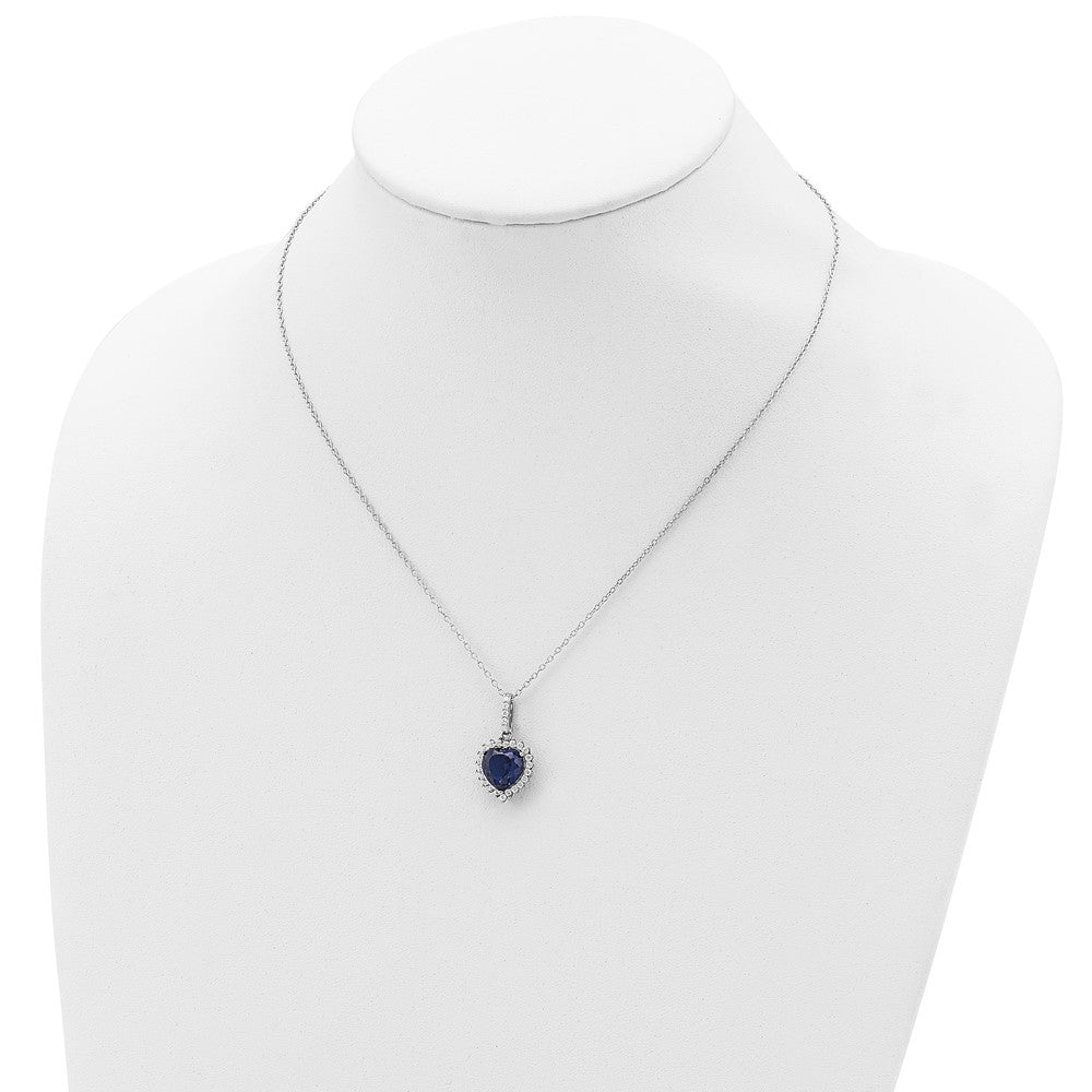 Cheryl M Sterling Silver Rhodium-plated 100 Facet Lab Created Dark Blue Spinel and Brilliant-cut White CZ Heart Halo 18 In...