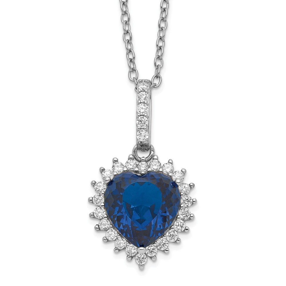 Cheryl M Sterling Silver Rhodium-plated 100 Facet Lab Created Dark Blue Spinel and Brilliant-cut White CZ Heart Halo 18 In...