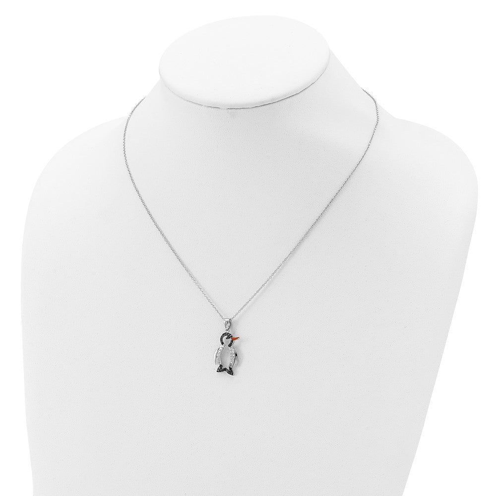 Cheryl M Sterling Silver Rhodium-plated with Black Rhodium Accent Enameled Brilliant-cut Black and White CZ Penguin 18 Inc...