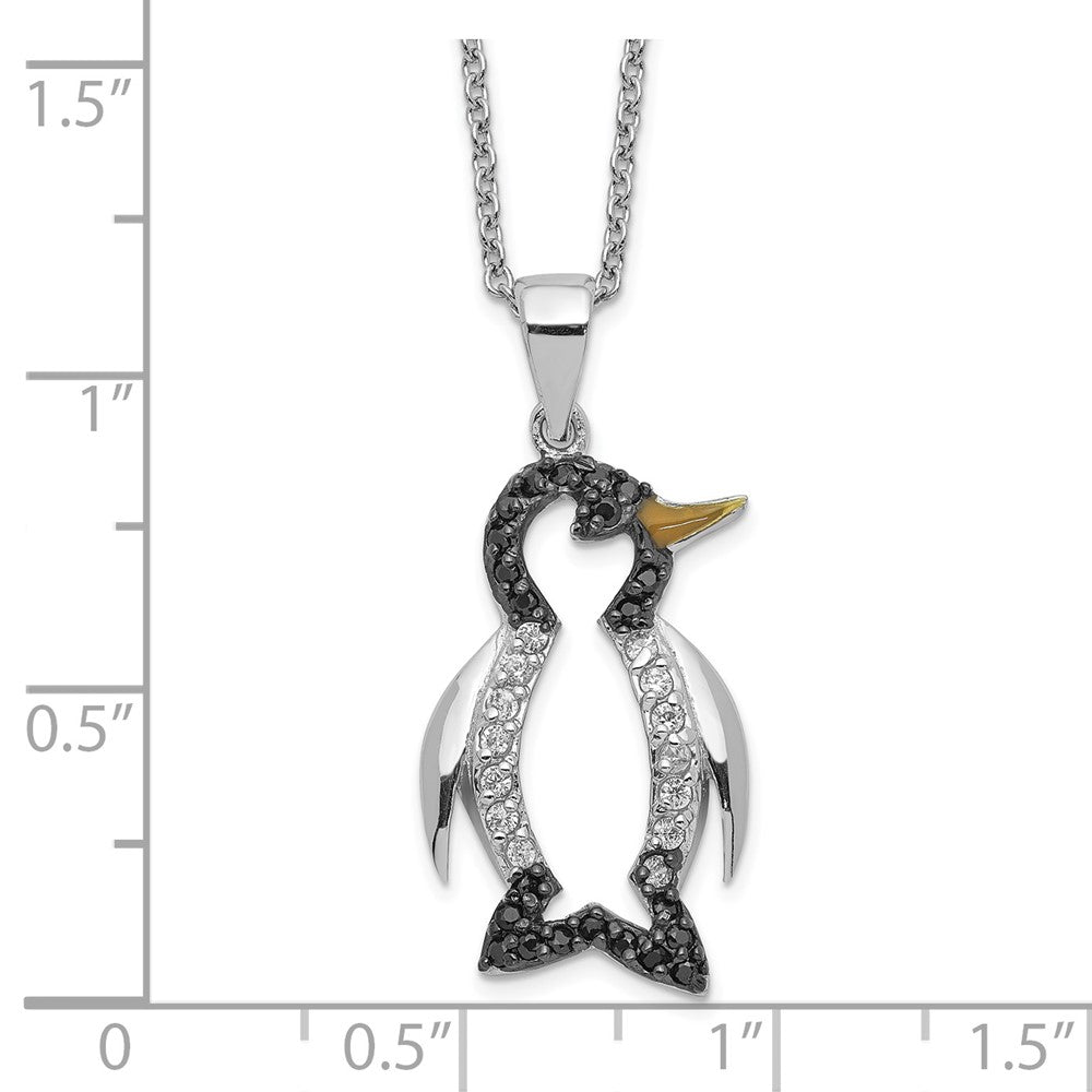 Cheryl M Sterling Silver Rhodium-plated with Black Rhodium Accent Enameled Brilliant-cut Black and White CZ Penguin 18 Inc...