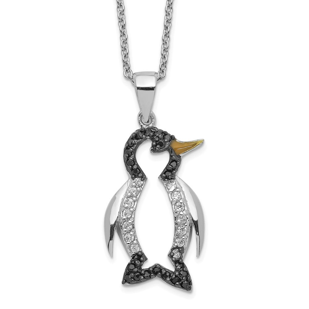 Cheryl M Sterling Silver Rhodium-plated with Black Rhodium Accent Enameled Brilliant-cut Black and White CZ Penguin 18 Inc...