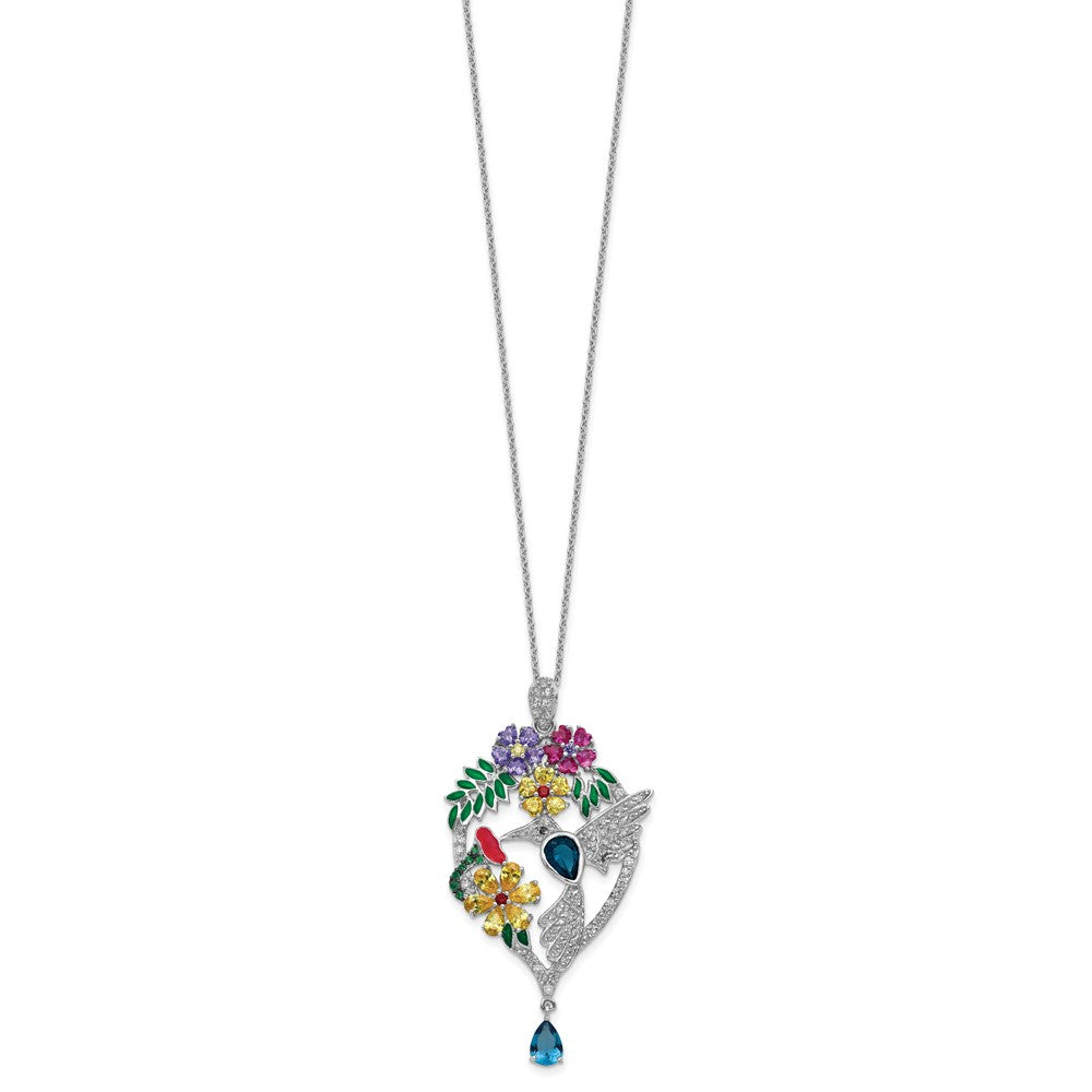 Cheryl M Sterling Silver Rhodium-plated Enameled Multicolor Brilliant-cut Glass and CZ Floral Hummingbird 18 Inch Necklace