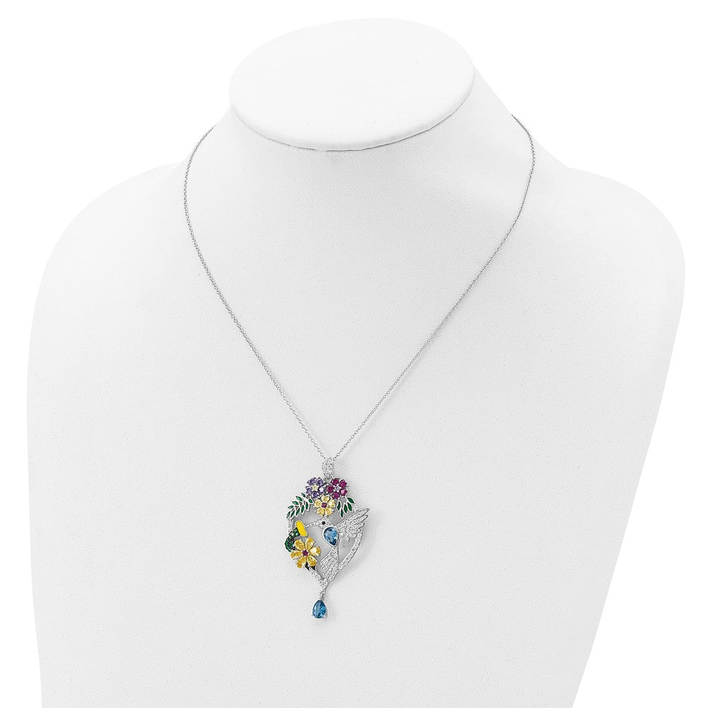 Cheryl M Sterling Silver Rhodium-plated Enameled Multicolor Brilliant-cut Glass and CZ Floral Hummingbird 18 Inch Necklace