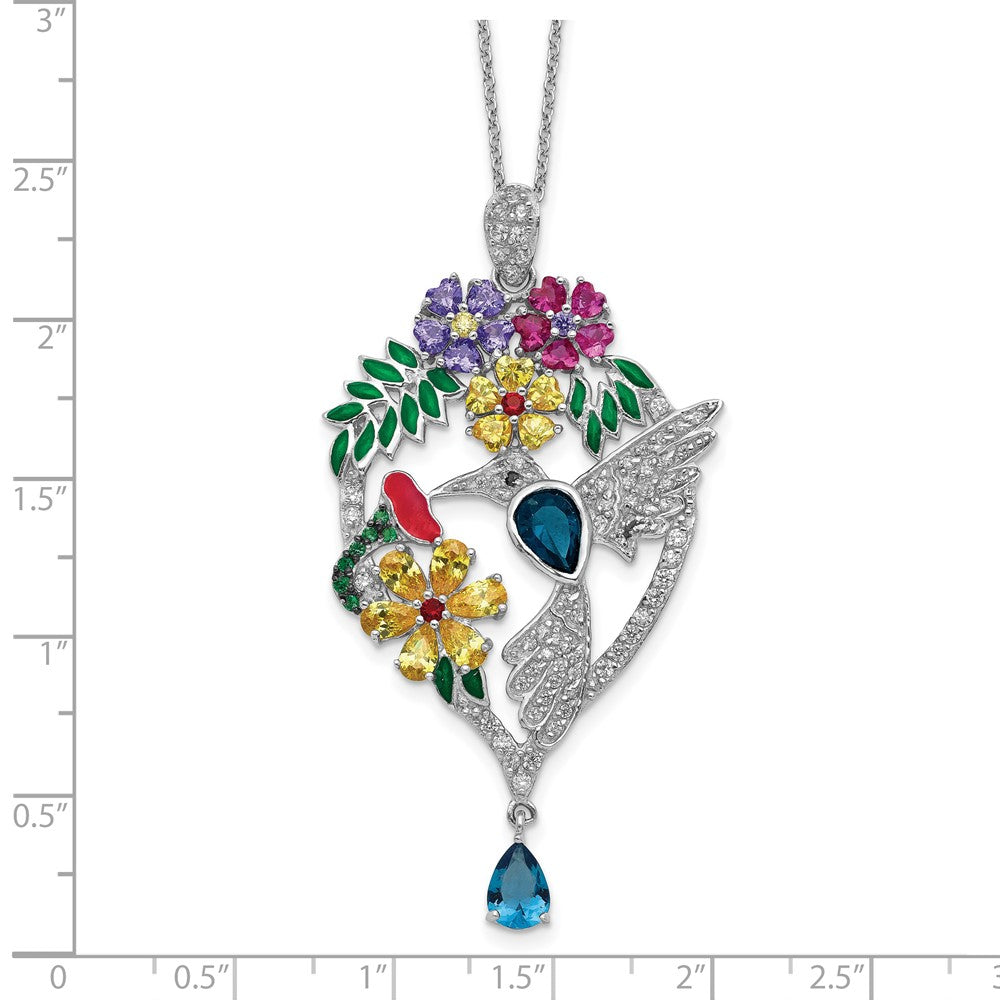 Cheryl M Sterling Silver Rhodium-plated Enameled Multicolor Brilliant-cut Glass and CZ Floral Hummingbird 18 Inch Necklace