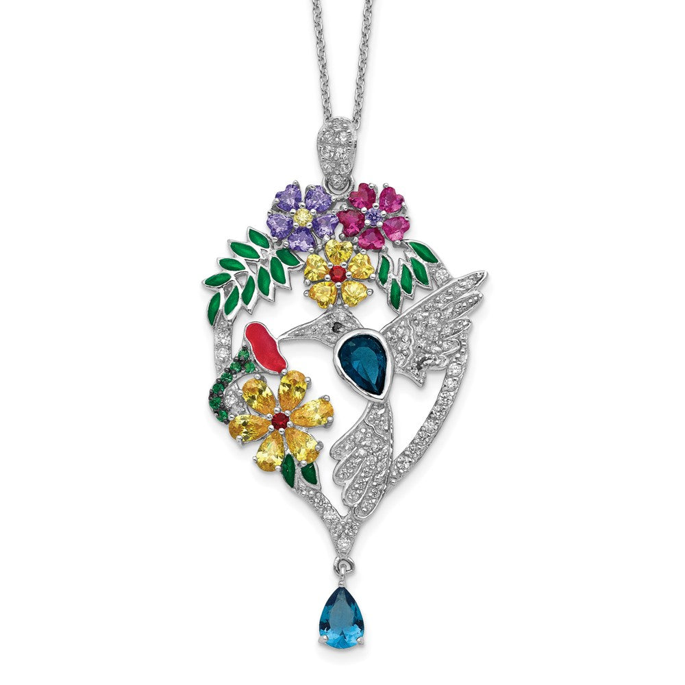 Cheryl M Sterling Silver Rhodium-plated Enameled Multicolor Brilliant-cut Glass and CZ Floral Hummingbird 18 Inch Necklace