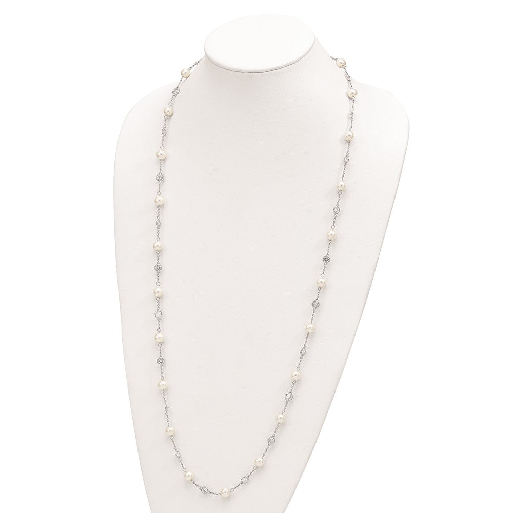 Cheryl M Sterling Silver Rhodium-plated Glass Pearl and Brilliant-cut CZ Bezel Station 36 Inch Necklace