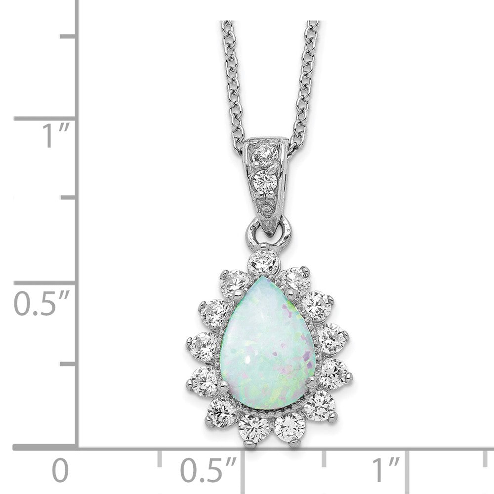 Cheryl M Sterling Silver Rhodium-plated Cabochon Lab Created Opal and Brilliant-cut CZ Teardrop Halo 18 Inch Necklace