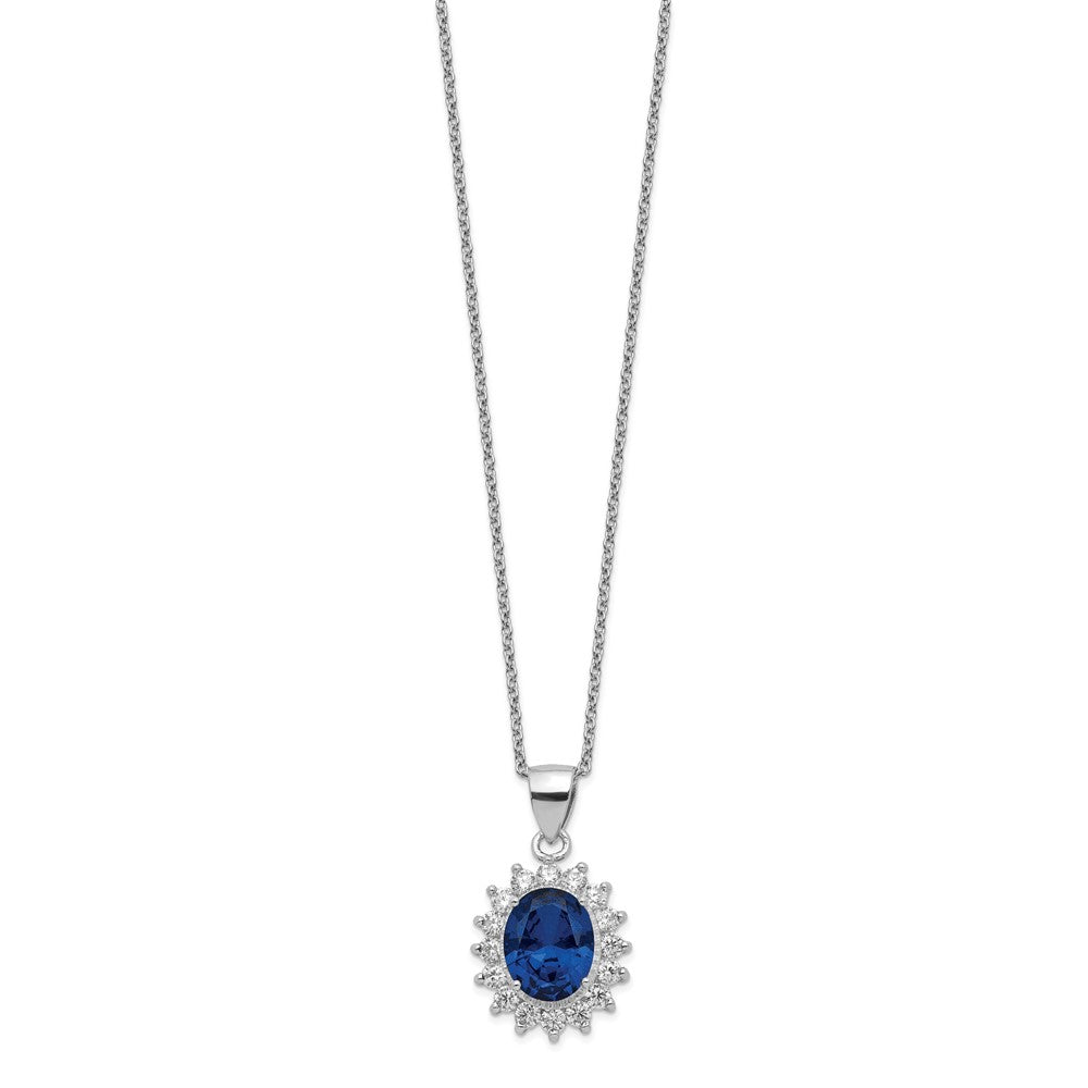 Cheryl M Sterling Silver Rhodium-plated Brilliant-cut Lab Created Dark Blue Spinel and Brilliant-cut White CZ Oval Halo 18...