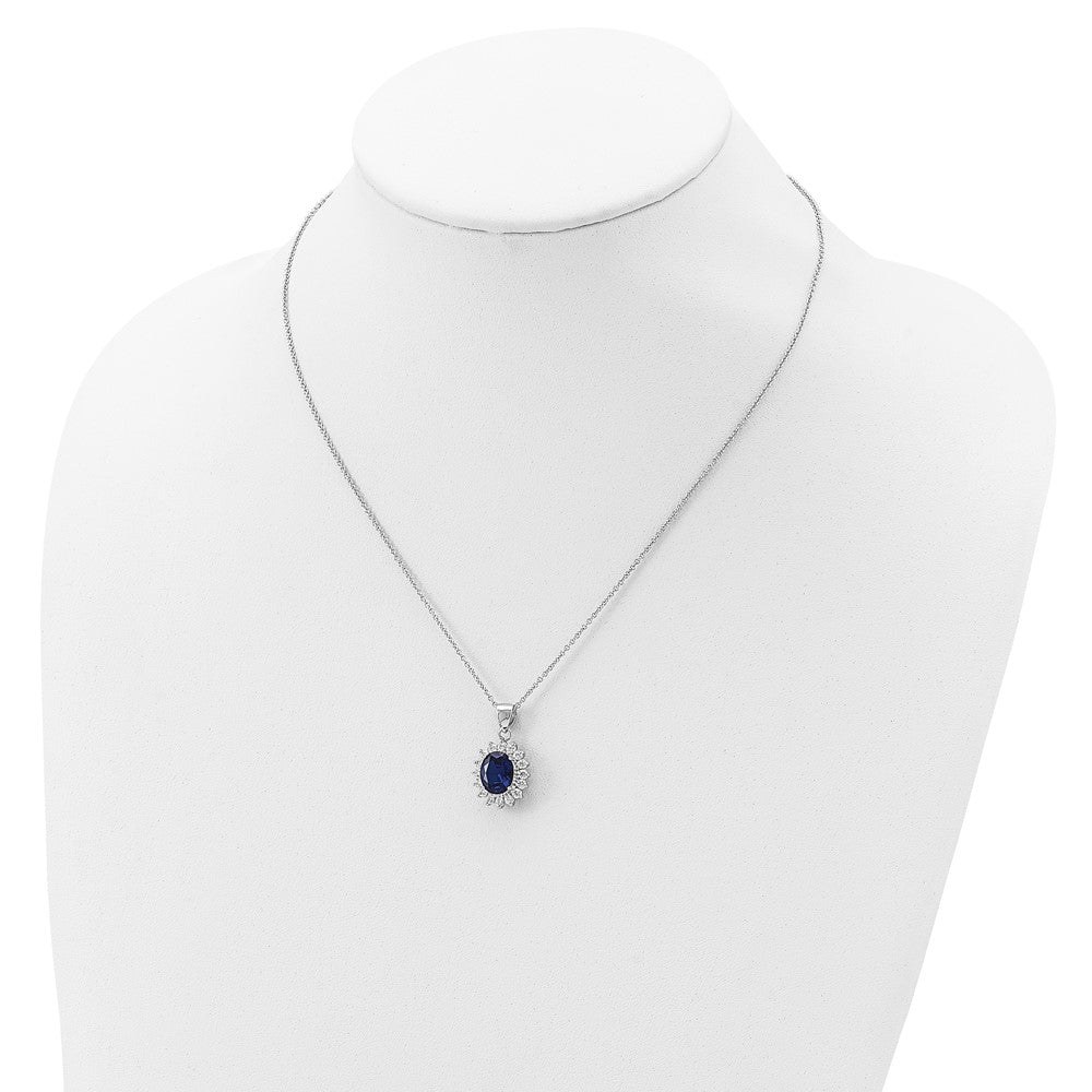 Cheryl M Sterling Silver Rhodium-plated Brilliant-cut Lab Created Dark Blue Spinel and Brilliant-cut White CZ Oval Halo 18...