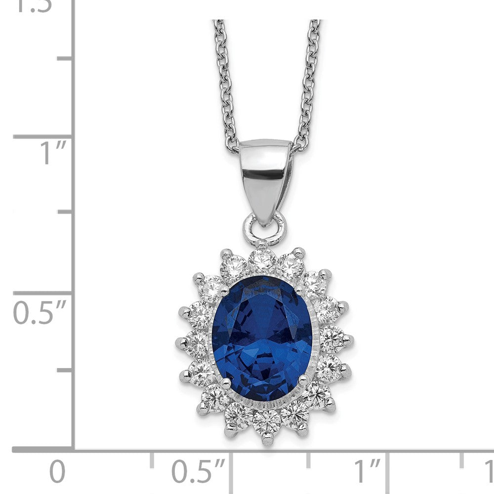 Cheryl M Sterling Silver Rhodium-plated Brilliant-cut Lab Created Dark Blue Spinel and Brilliant-cut White CZ Oval Halo 18...